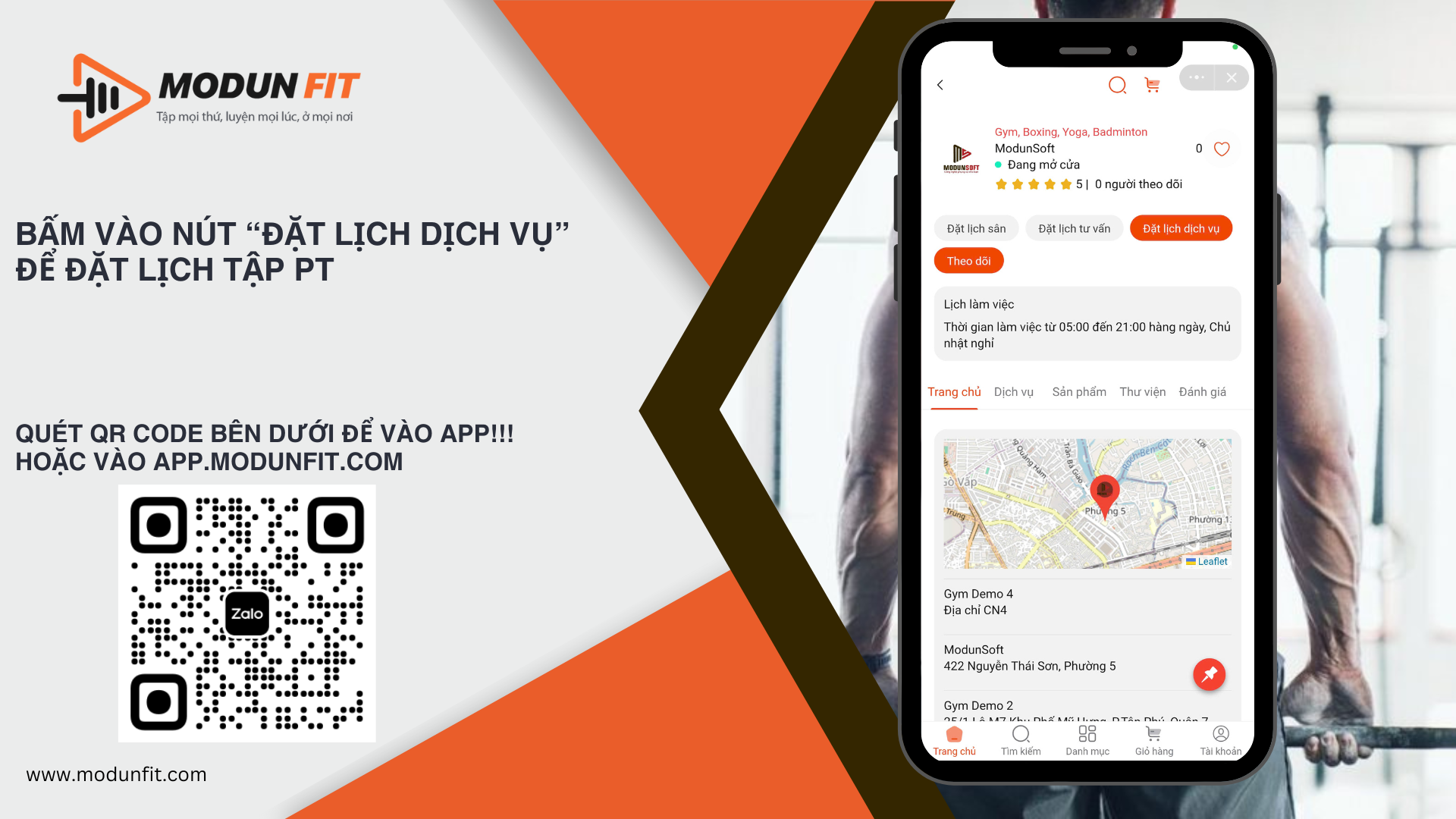 App Booking lịch tập PT đơn giản với app ModunFit