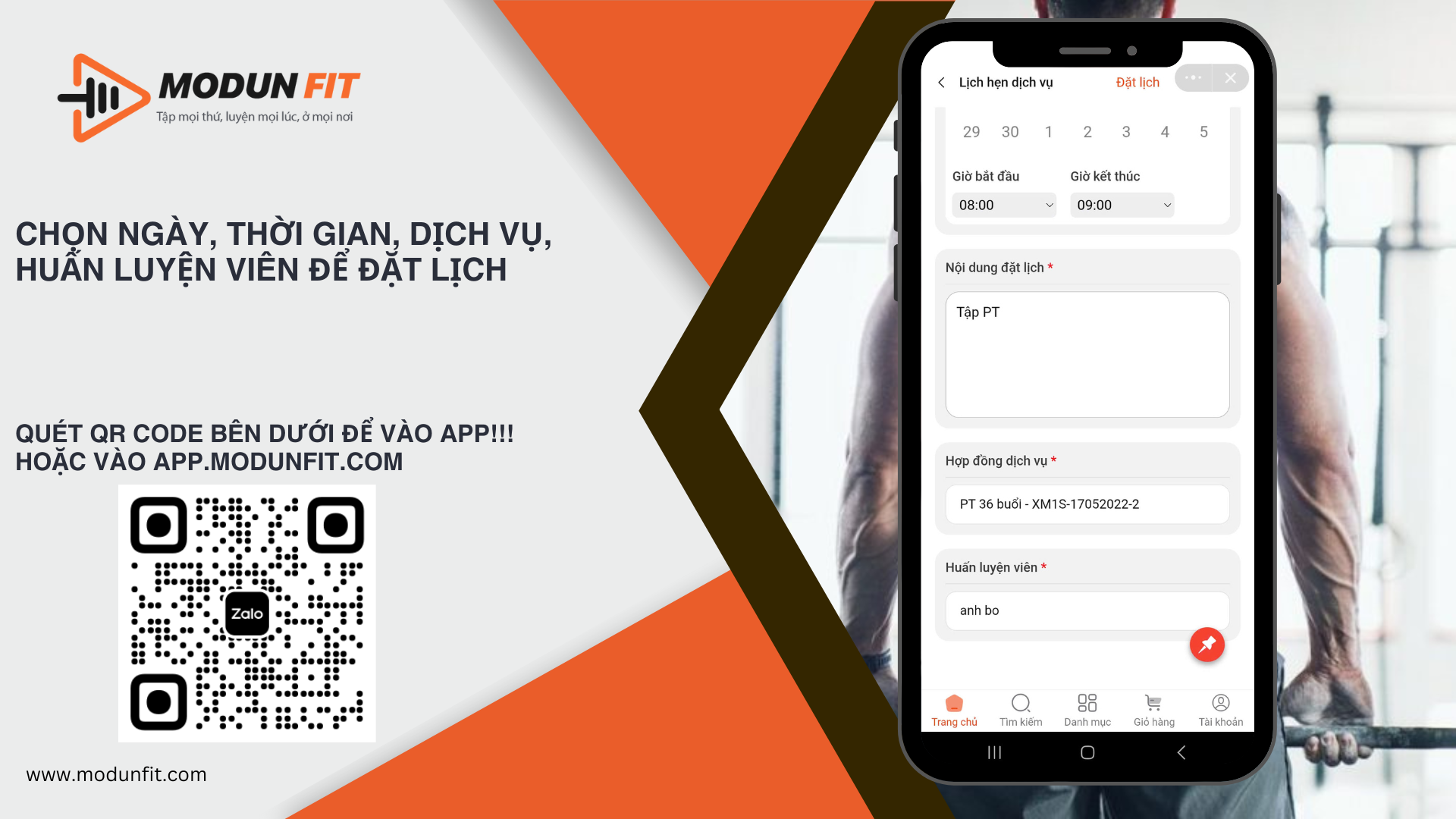 App Booking lịch tập PT đơn giản với app ModunFit