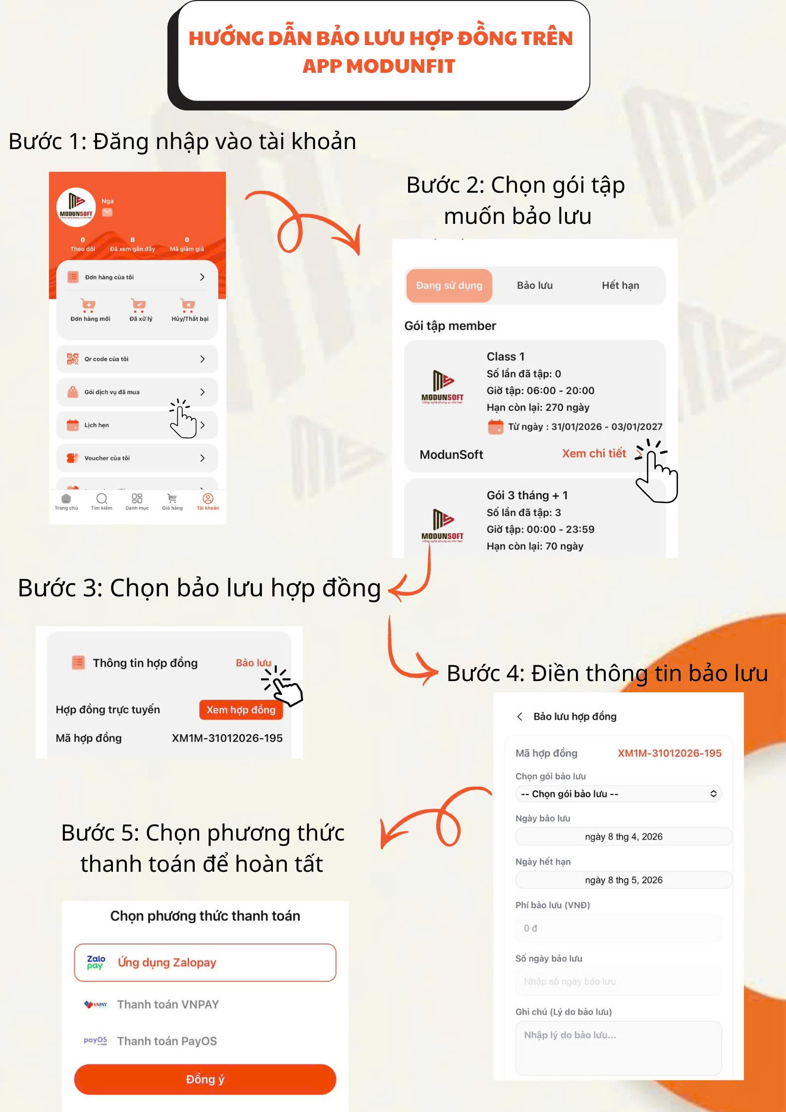 alt="Hướng dẫn bảo lưu gói tập trên app ModunFit cho hội viên"